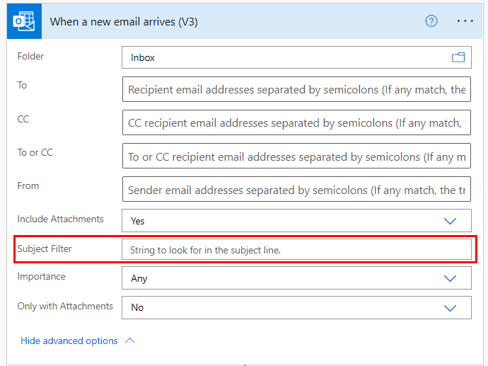 Power Automate subject filter multiple conditions