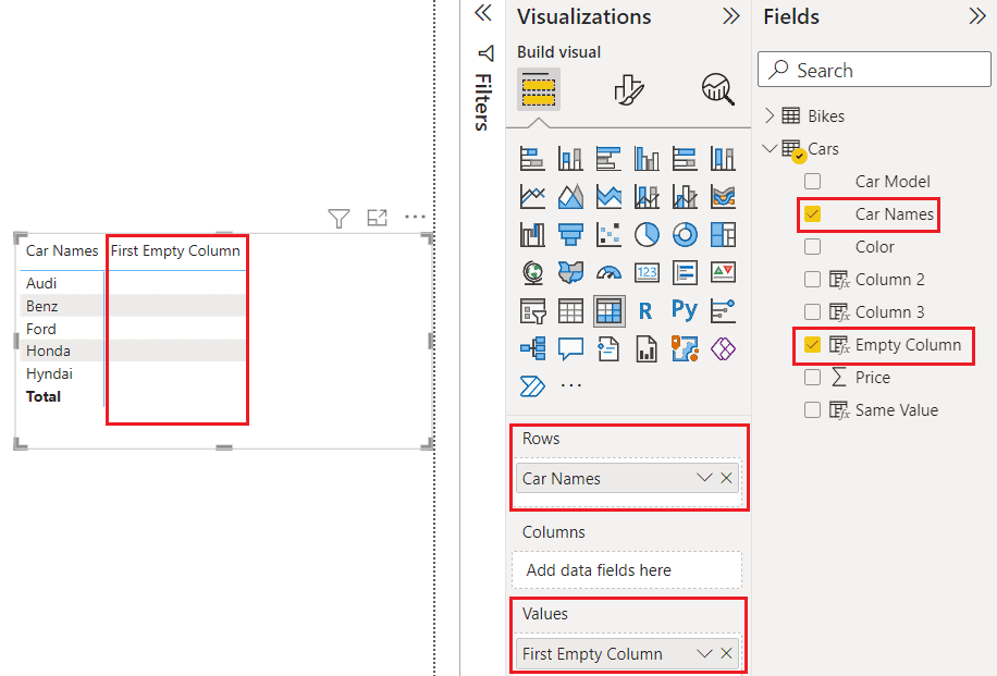 Power bi add an empty column to the matrix