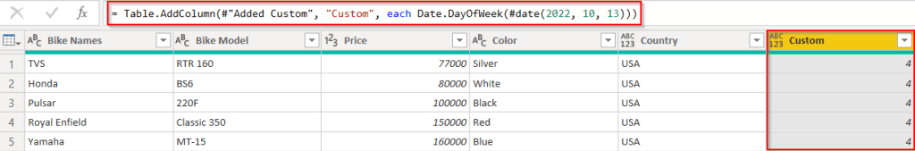 Power bi add column with fixed values on the day of the week example