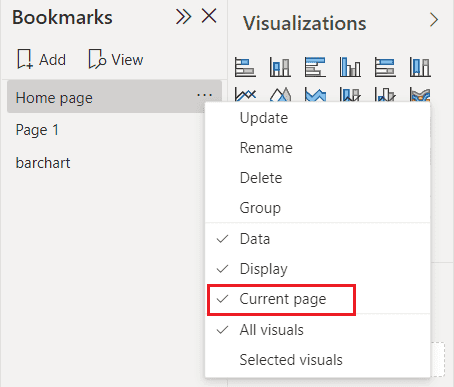 Power BI Bookmark current page