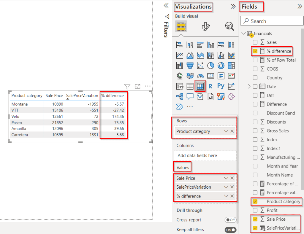 Power BI calculates the percentage difference between two rows example