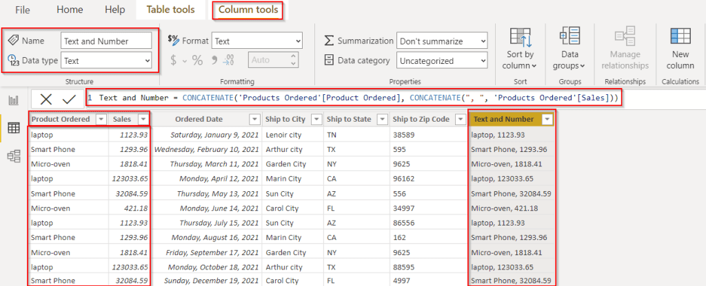 Power BI Concatenate text and Number example