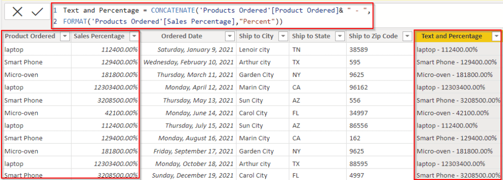 Power BI concatenates text and percentage