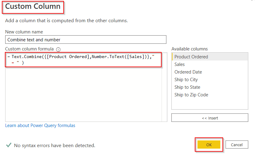 Power BI custom column combines concatenate text and Number example