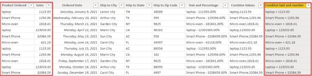 Power BI custom column combines text and Number example