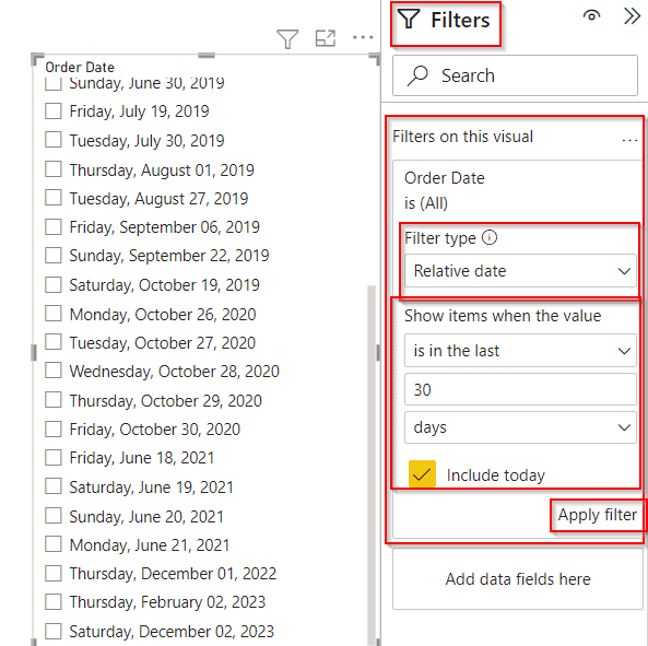 Power BI date slicer default to last 30 days example