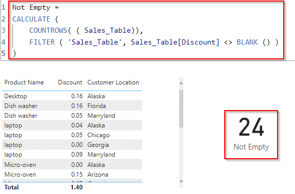 Power BI DAX filter is not empty example