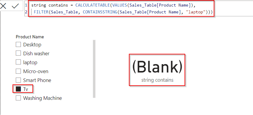 Power BI DAX filter string contains example