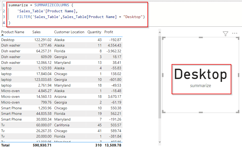 Power BI DAX filter summarize