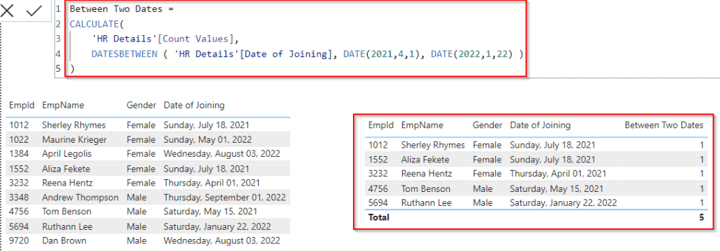 Power BI DAX filter table between two dates