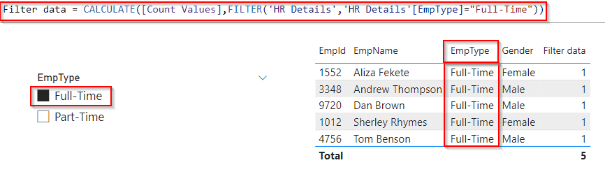 Power BI DAX filter table by slicer example