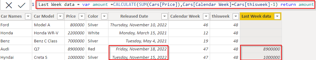 Power BI DAX last calendar week example