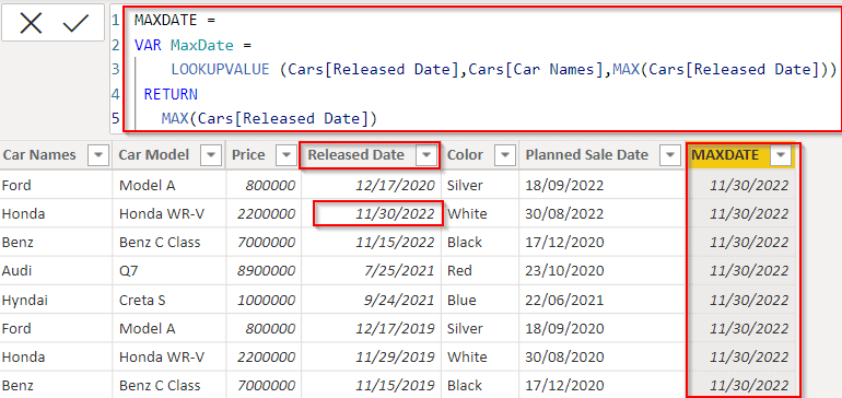 Power BI DAX lookup value max date