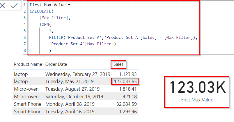 Power bi Dax max filter first value