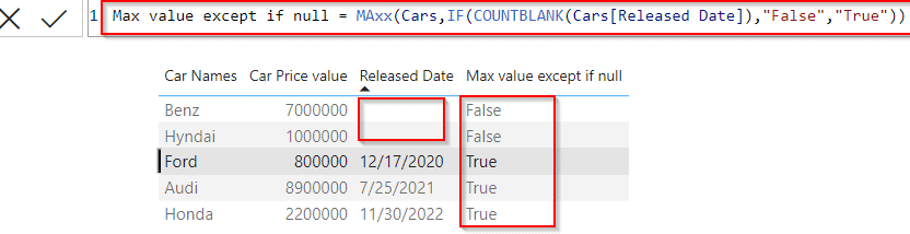 Power BI DAX max not null