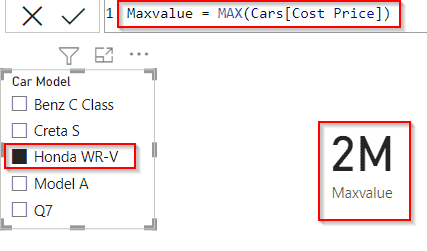 Power BI DAX max selected value example