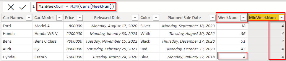 Power BI DAX min date from week number example