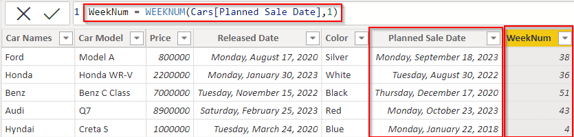 Power BI DAX min date from week number