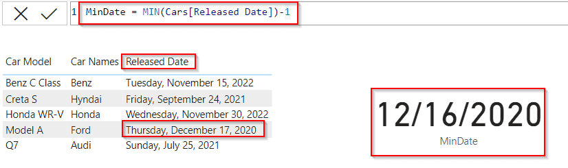 Power BI DAX min date minus 1 day example