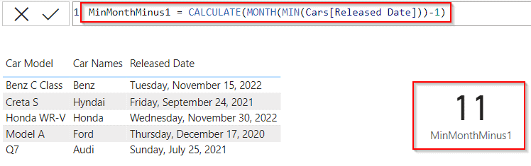 Power BI DAX min date minus 1 month example