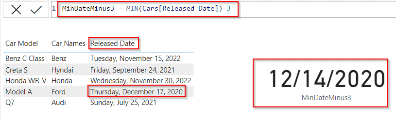 Power BI DAX min date minus days