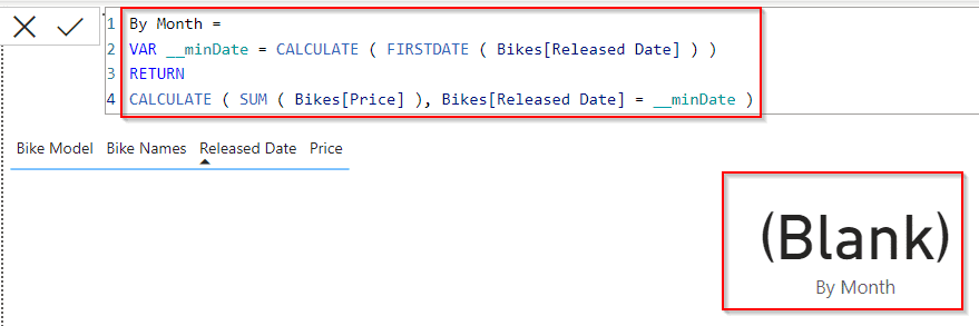 Power BI DAX min date Sum by month example