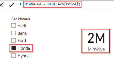 Power BI DAX Min selected value example