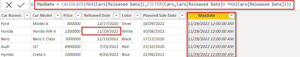 Power BI DAX returns max date