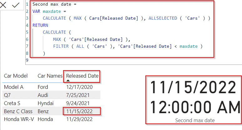 Power BI DAX Second max date