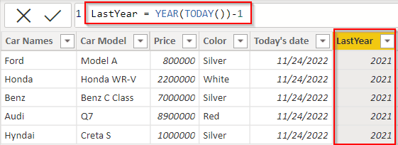 Power bi Dax today minus 1 year