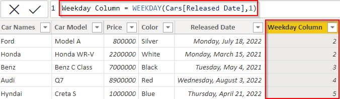 Power BI DAX Weekday function