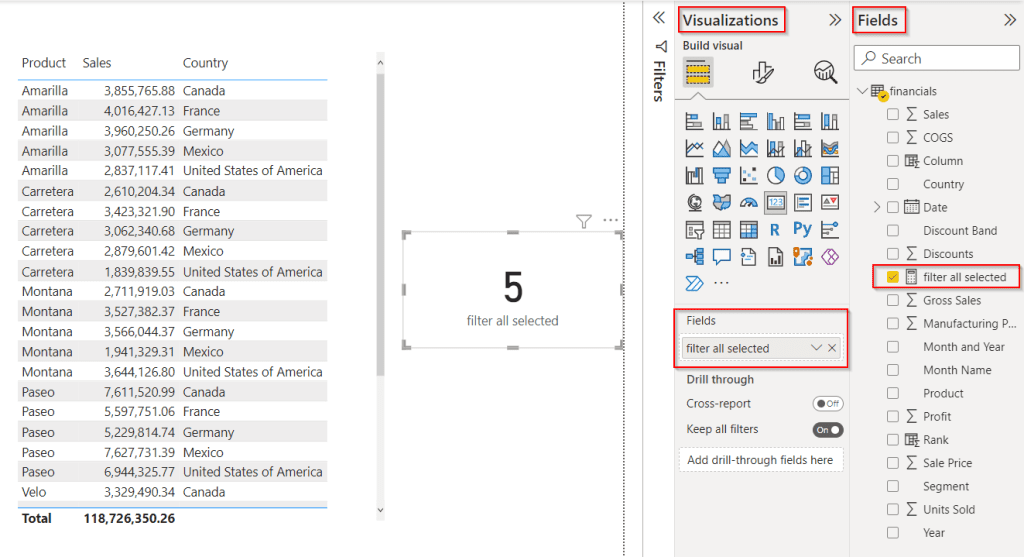 Power BI distinct count with the filter all selected example