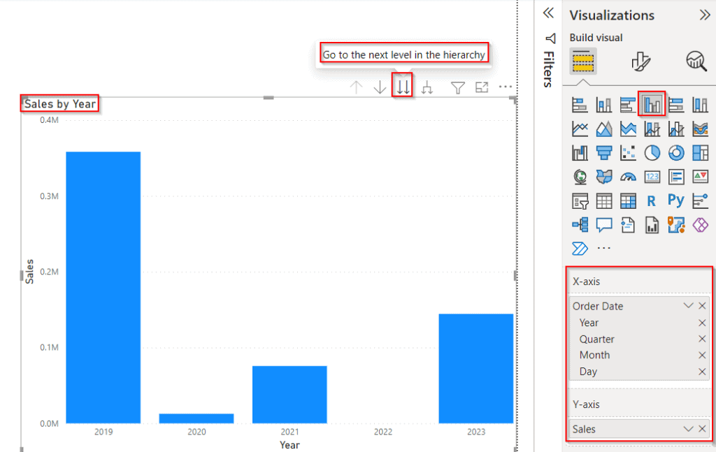 Power BI drill through the date hierarchy