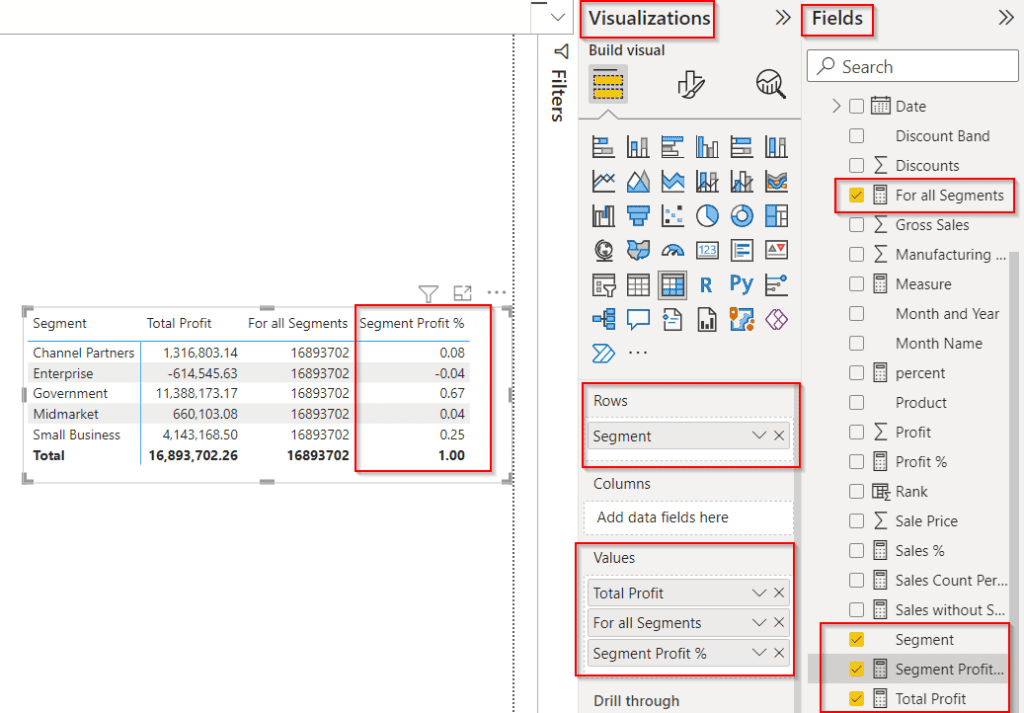 Power BI percent of the total in the matrix