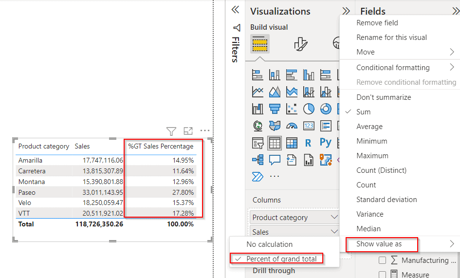 Power BI percentage of column total by category example