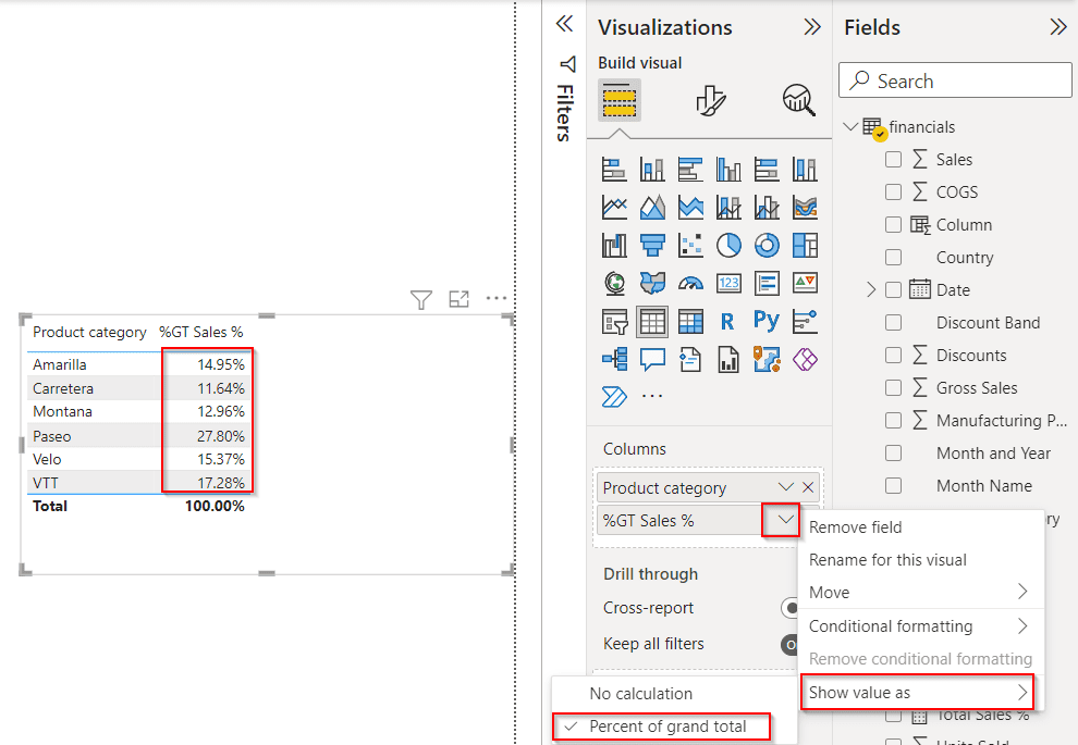 Power BI percentage of grand total by category example