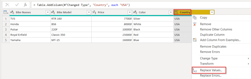 Power Bi replaces column with a formula