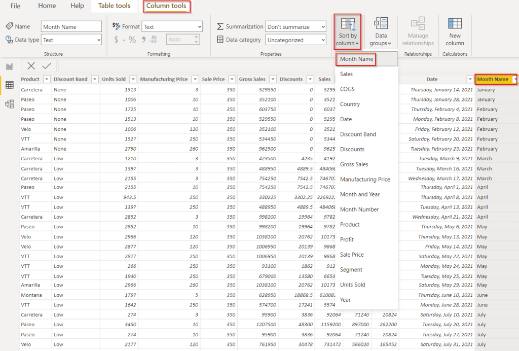 Power BI sort table by month