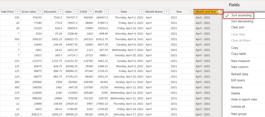 Power BI sort table by month and year example