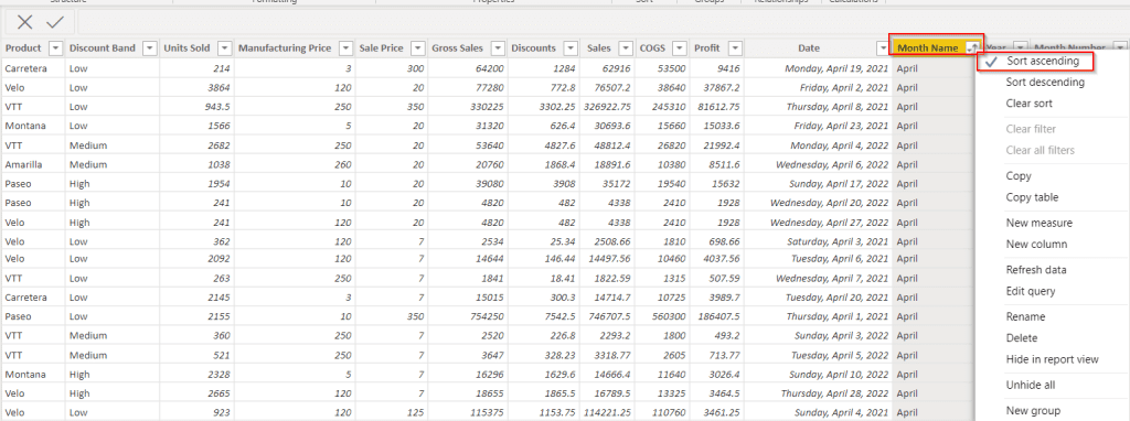 Power BI sort table by month example