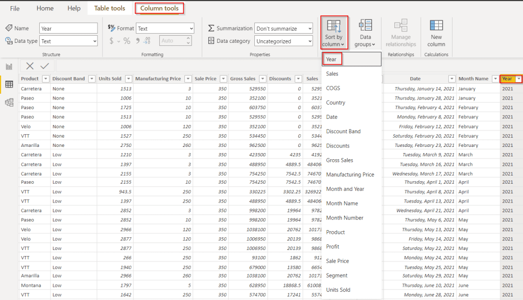 Power BI sort table by year