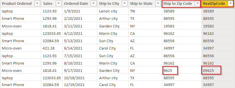 Power BI Zip Code leading zero values