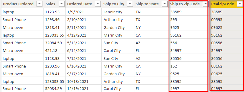 Power BI Zip Code starting with zero