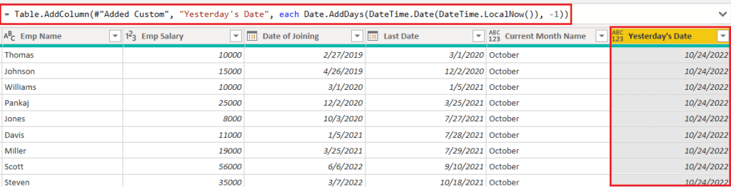 Power query add a column with yesterdays date example Power query add a column with yesterday's date example