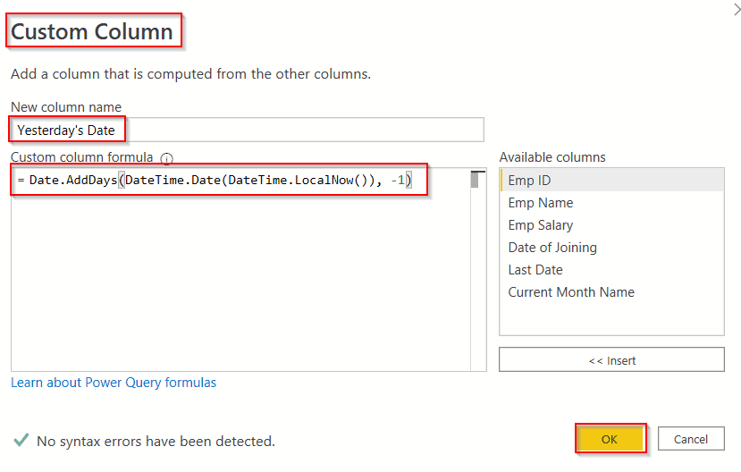 Power query add a column with yesterdays date Power query add a column with yesterday's date