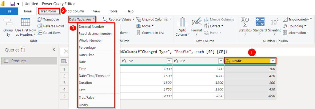 Power query add column and change type