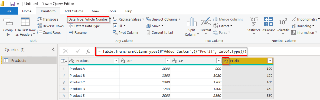 Power query add column and change type example