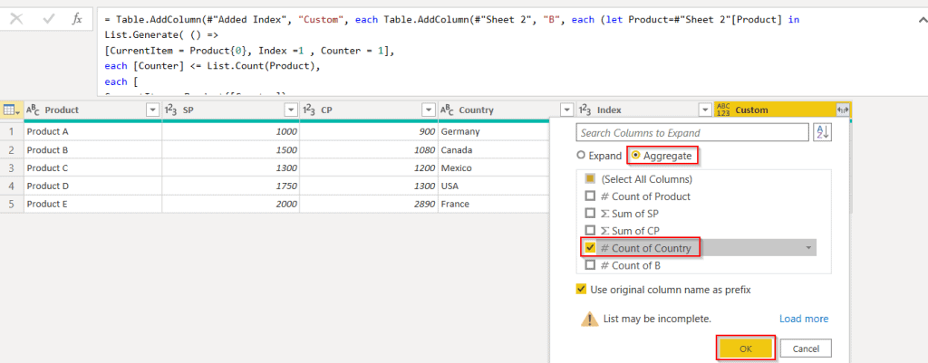 Power query add column based on the list