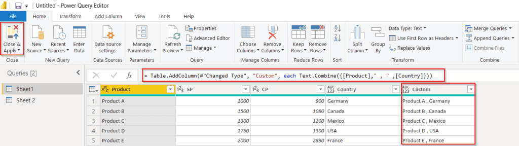 Power query add column concatenate two columns example