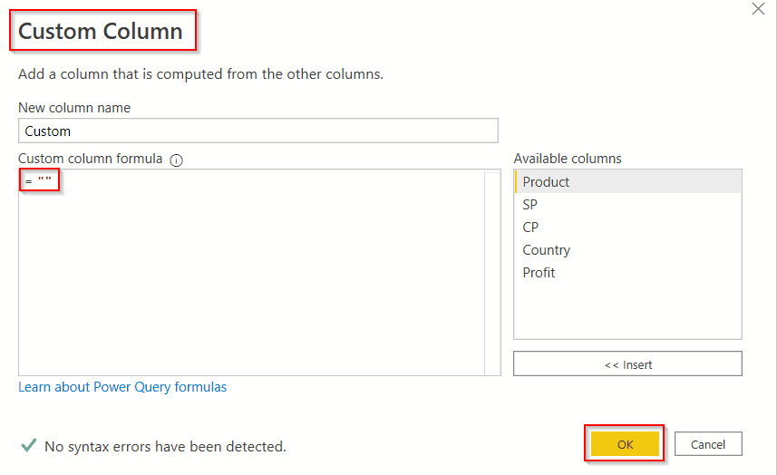 Power query add column empty